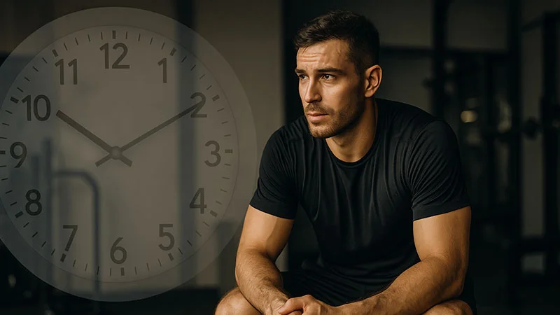 ورزشکار مرد در حال تمرین با دمبل در باشگاه و نمایش اهمیت زمان استراحت بین ست ها برای چربی سوزی